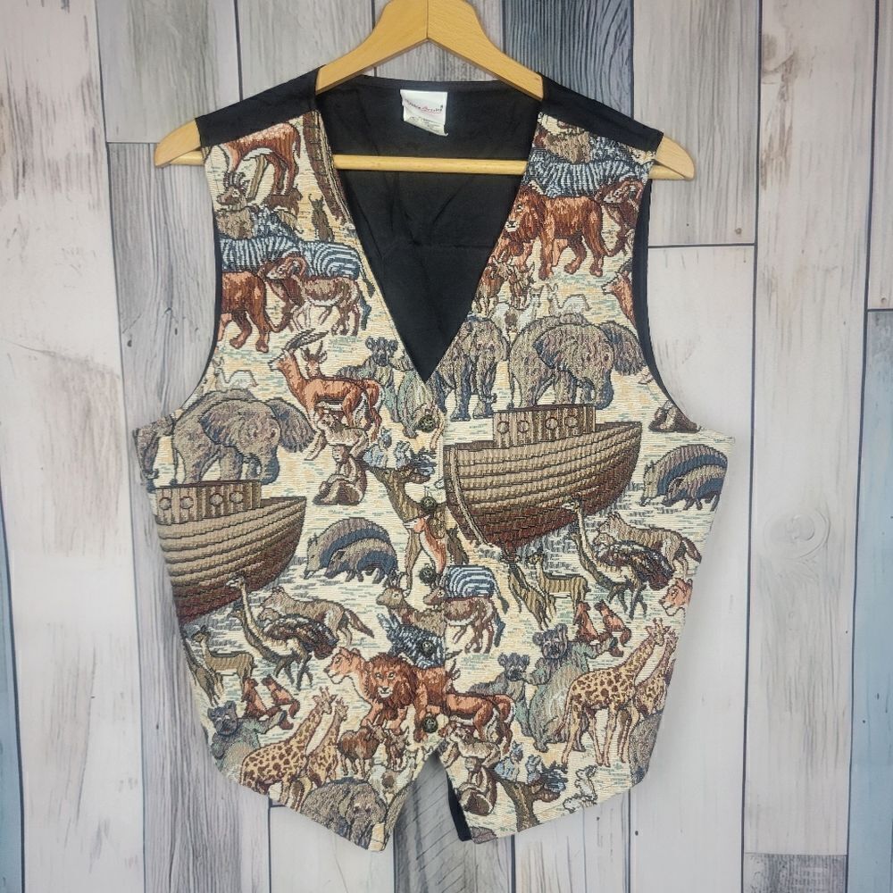 Vintage Bobbie Brooks Tapestry Vest Noah's Ark Biblical Animal Print Unisex Lg